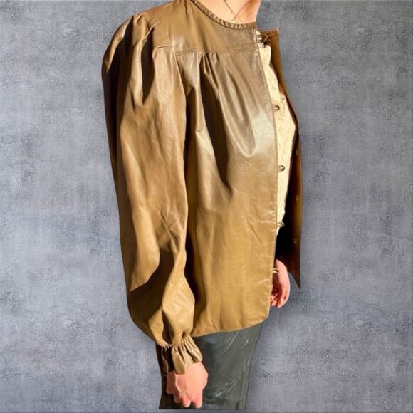 Vintage Porscha By Winter Collarless Ruffle Cuffs Minimalist Leather Jacket - Picture 4 of 8